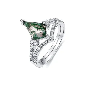 Rhombic Cubic Zirconia Moss Agate Engagement Layer Ring