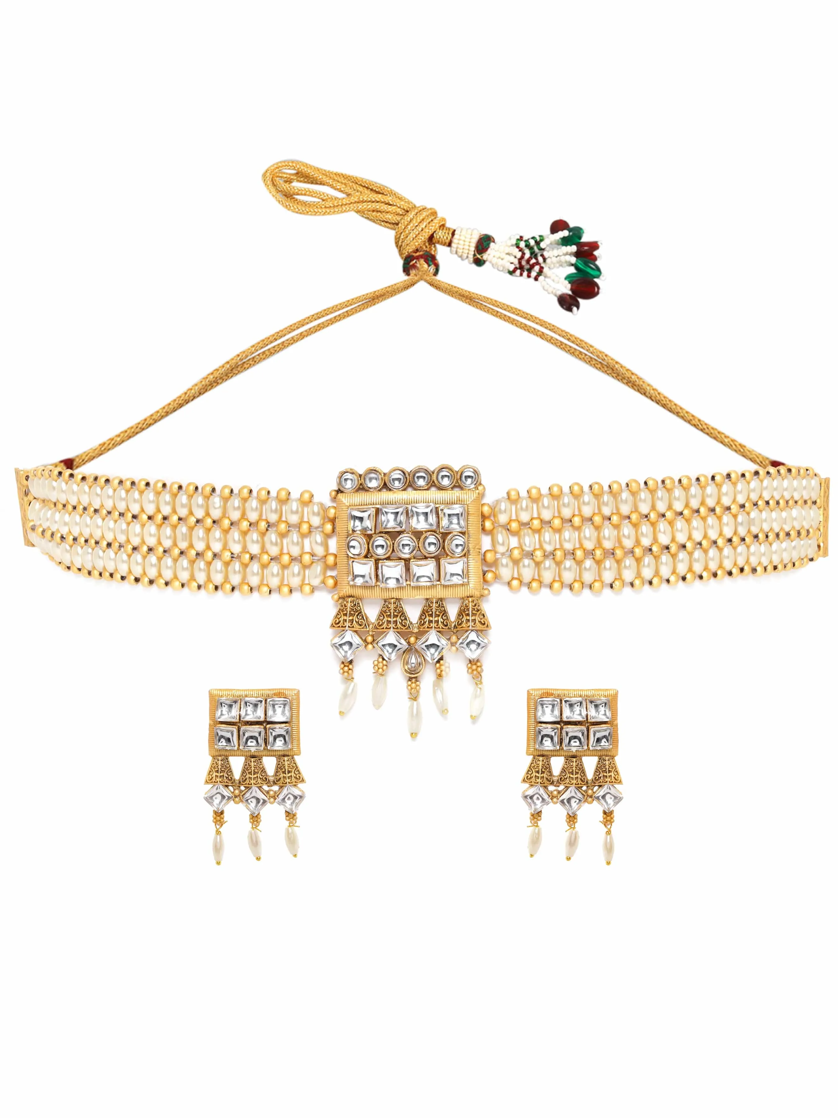 Rubans Gold Pendant Choker Set with White Beads and Stone Accents