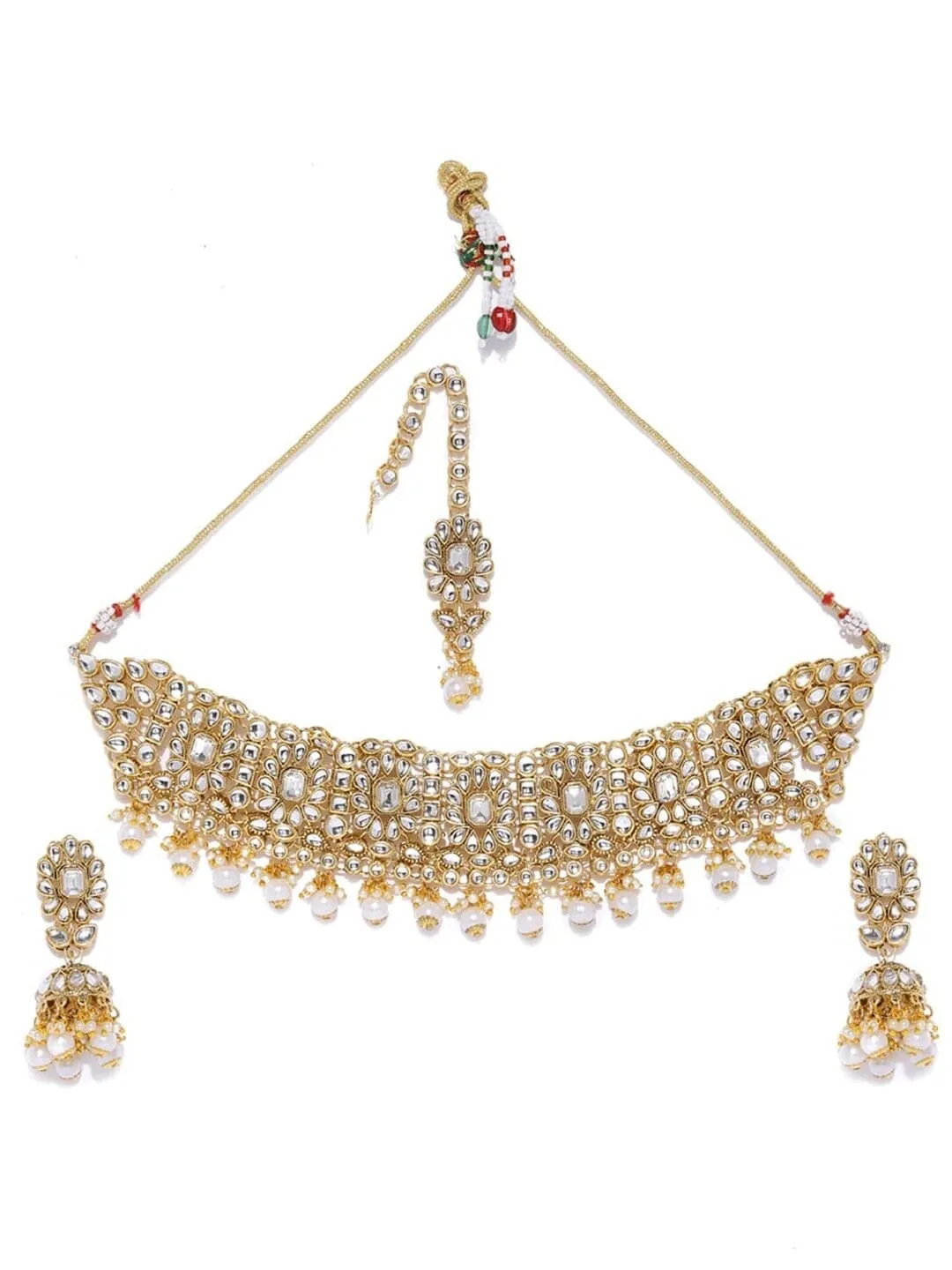 Rubans Gold-Plated White AD-Studded & Pearl Beaded Handcrafted Jewellery Set