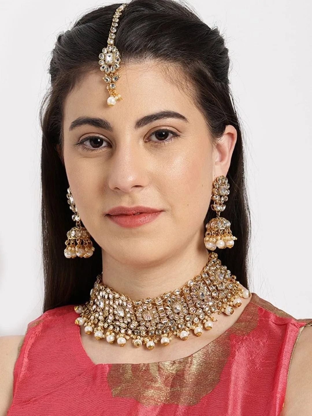 Rubans Gold-Plated White AD-Studded & Pearl Beaded Handcrafted Jewellery Set