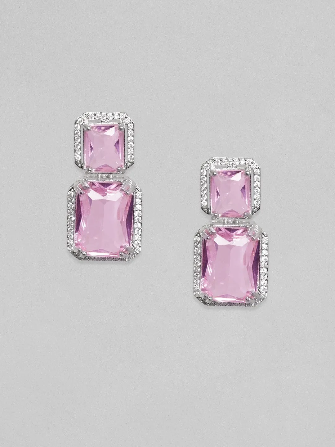 Rubans Rhodium Plated Premium white & Pink Saphire solitaire Zircons Dangle Earring.