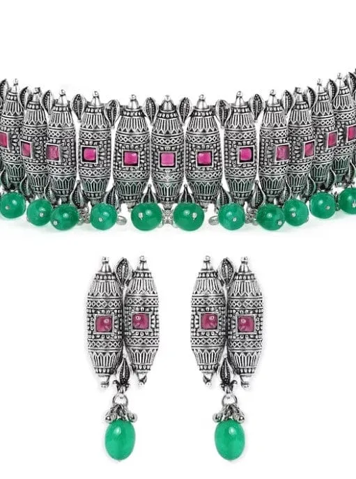 Rubans Silver Plated Handcrafted Green Beads Choker Set