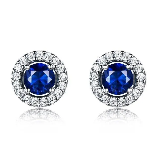 Sapphire and Cubic Zirconia 925 Sterling Silver Romantic Wedding Stud Earrings