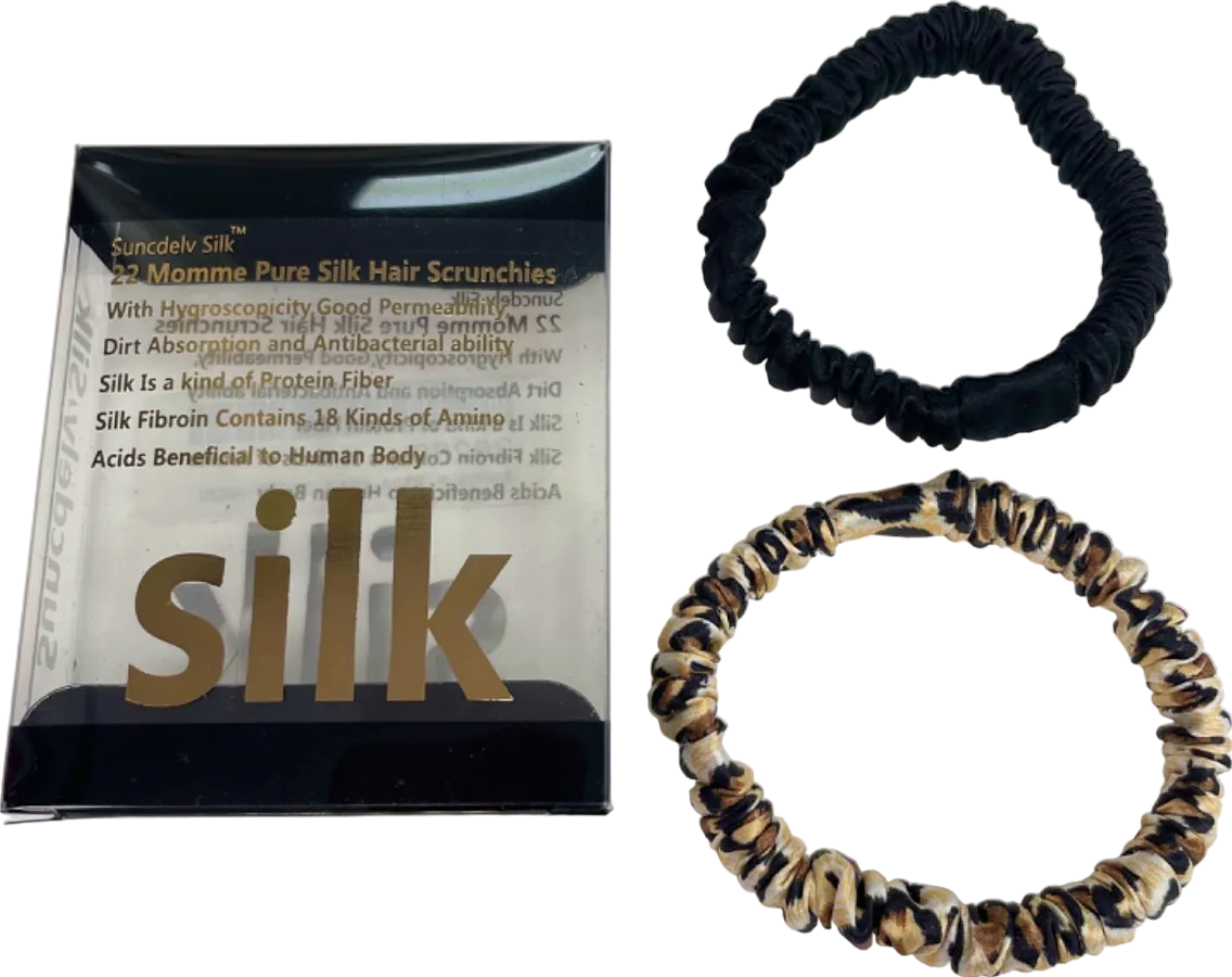 .Silk Black/Leopard 100% Pure Silk Hair Scrunchies Set