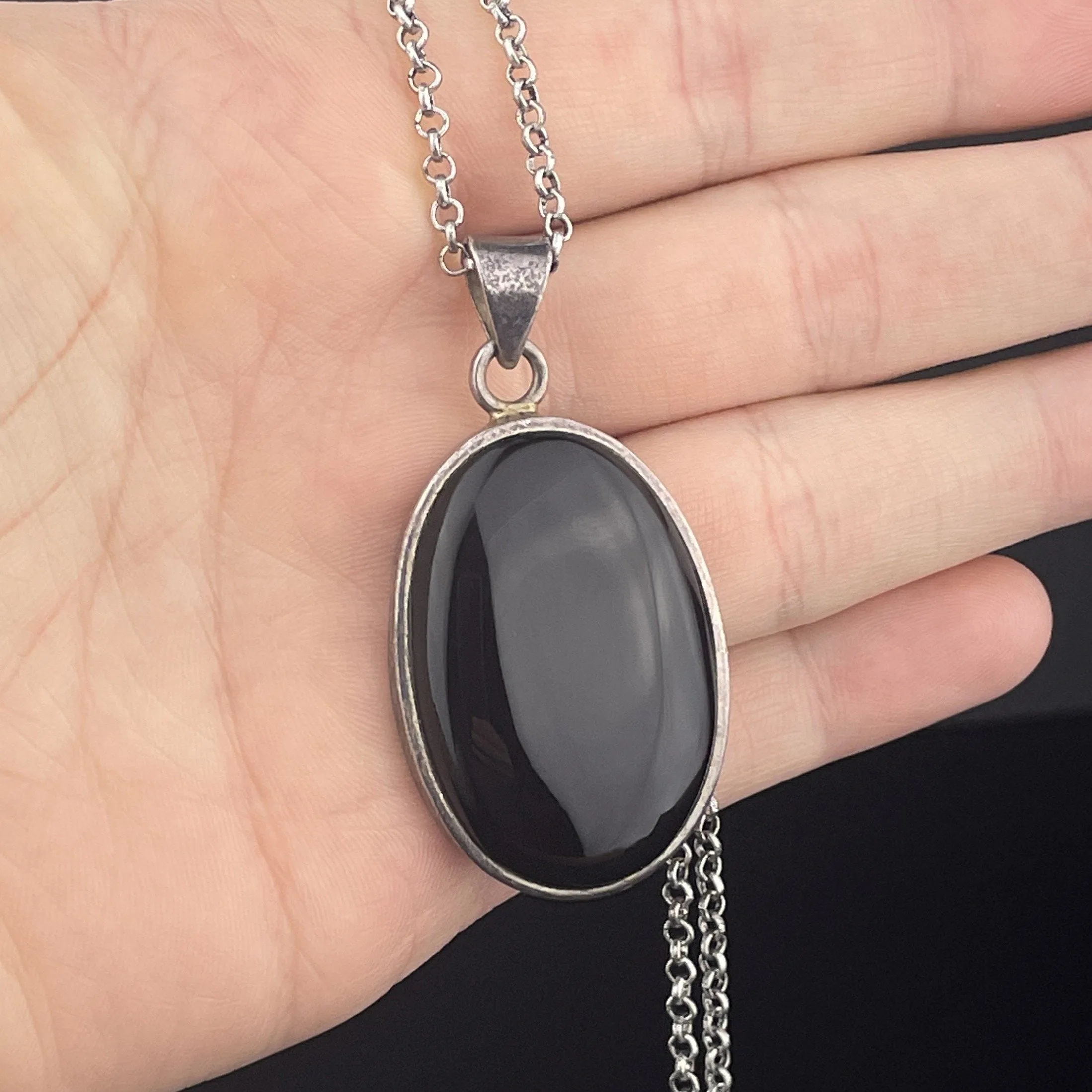 Silver Large Black Onyx Pendant Necklace