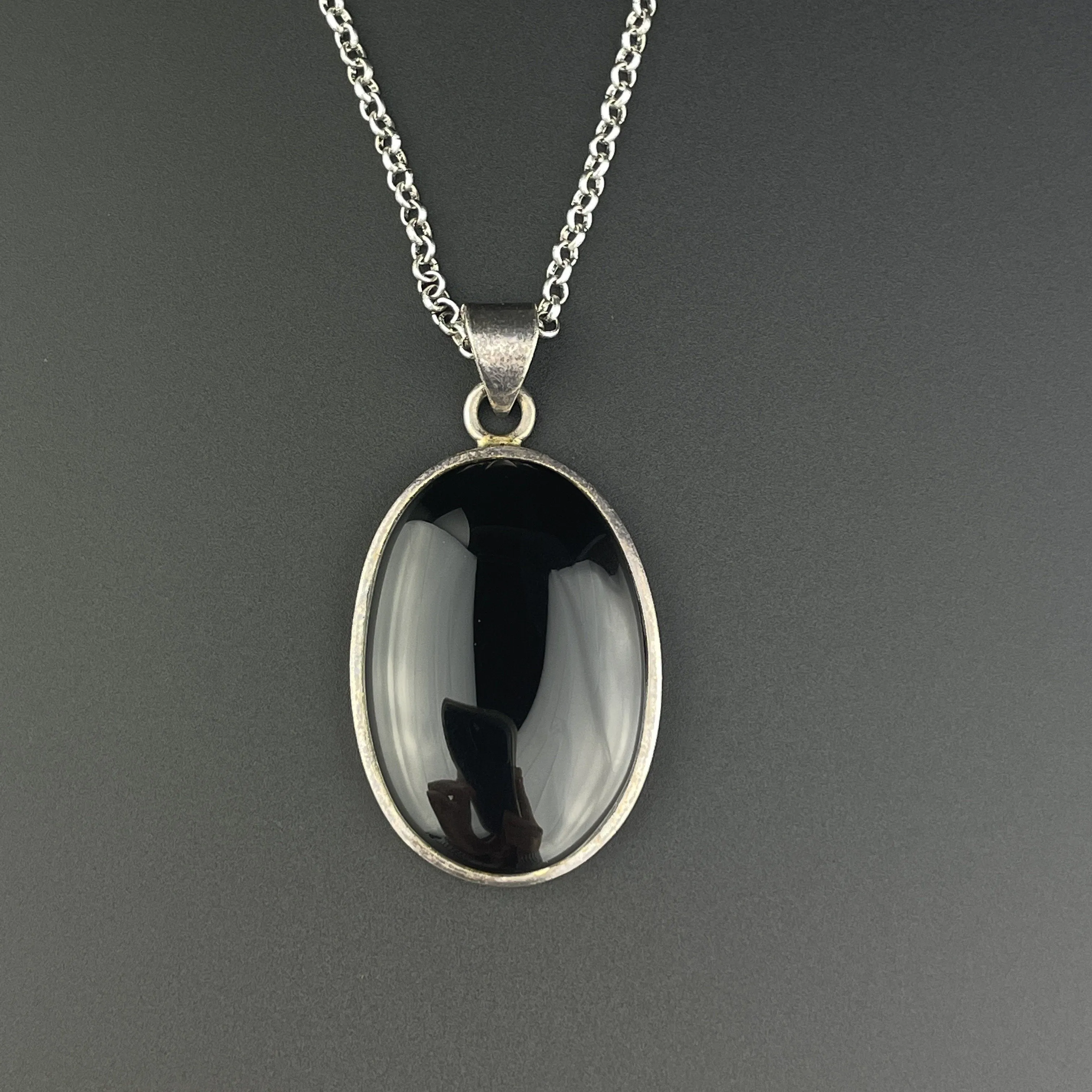 Silver Large Black Onyx Pendant Necklace