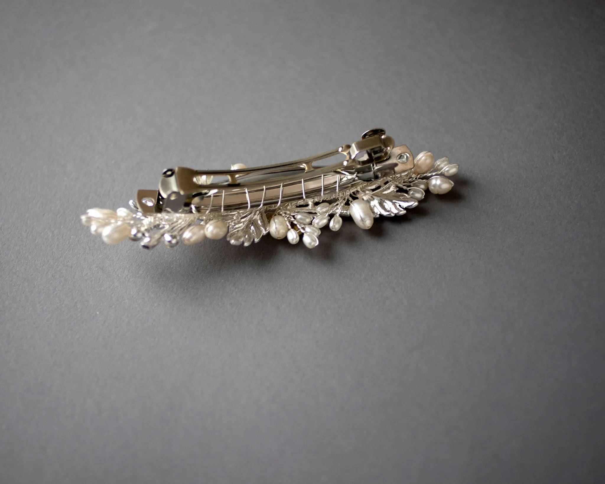 Silver Wedding Hair Barrette with Ivory Pearls