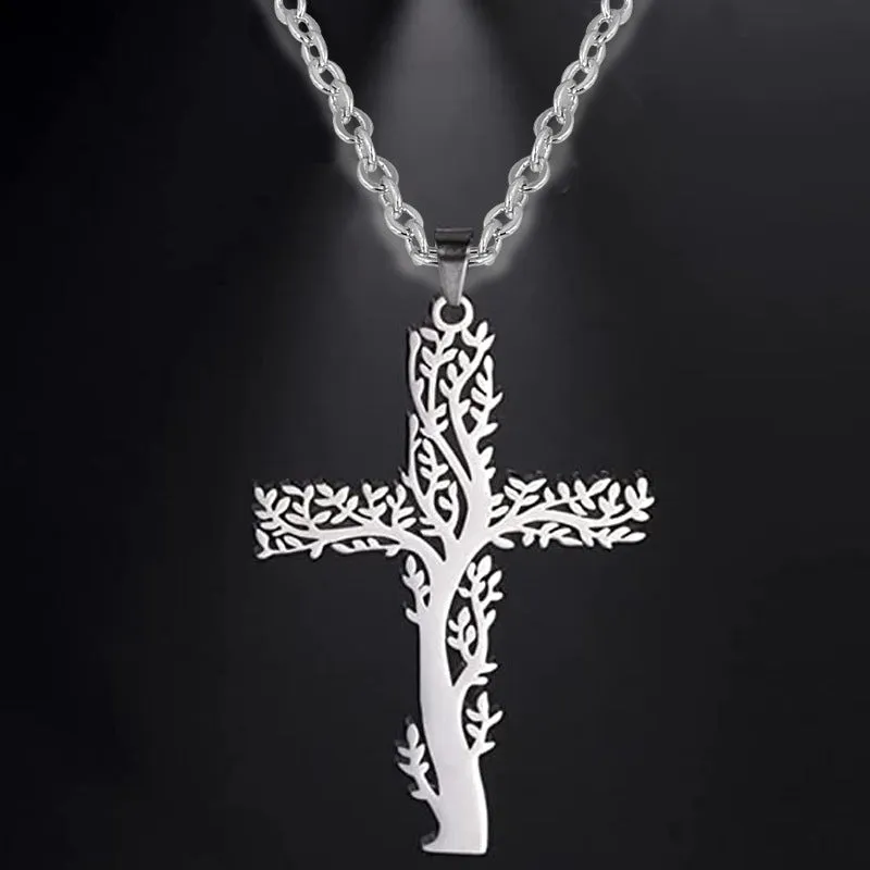 SISSLIA Fashion Creative Cross Necklace Stainless Steel For Women Choker Branches Tree of Life Design Pendant Necklace Jewelry