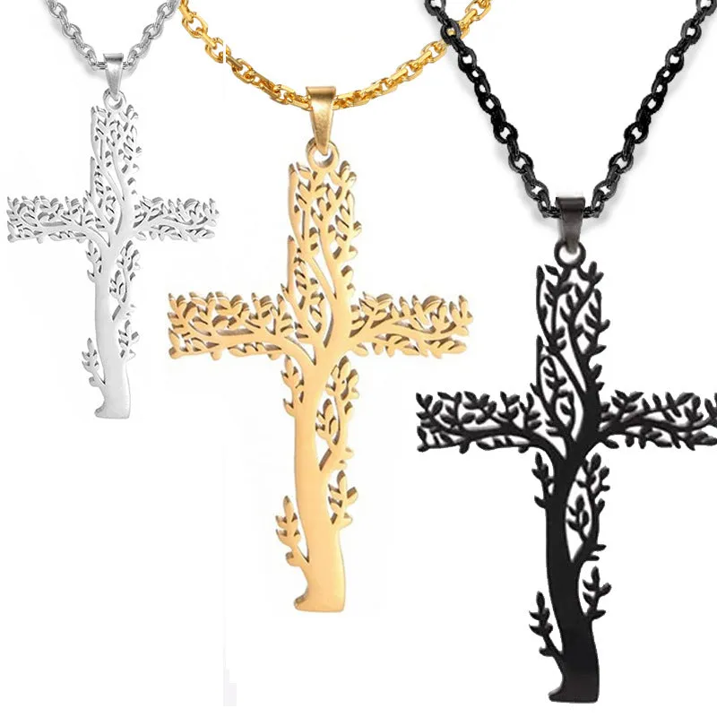 SISSLIA Fashion Creative Cross Necklace Stainless Steel For Women Choker Branches Tree of Life Design Pendant Necklace Jewelry