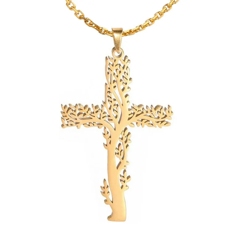 SISSLIA Fashion Creative Cross Necklace Stainless Steel For Women Choker Branches Tree of Life Design Pendant Necklace Jewelry