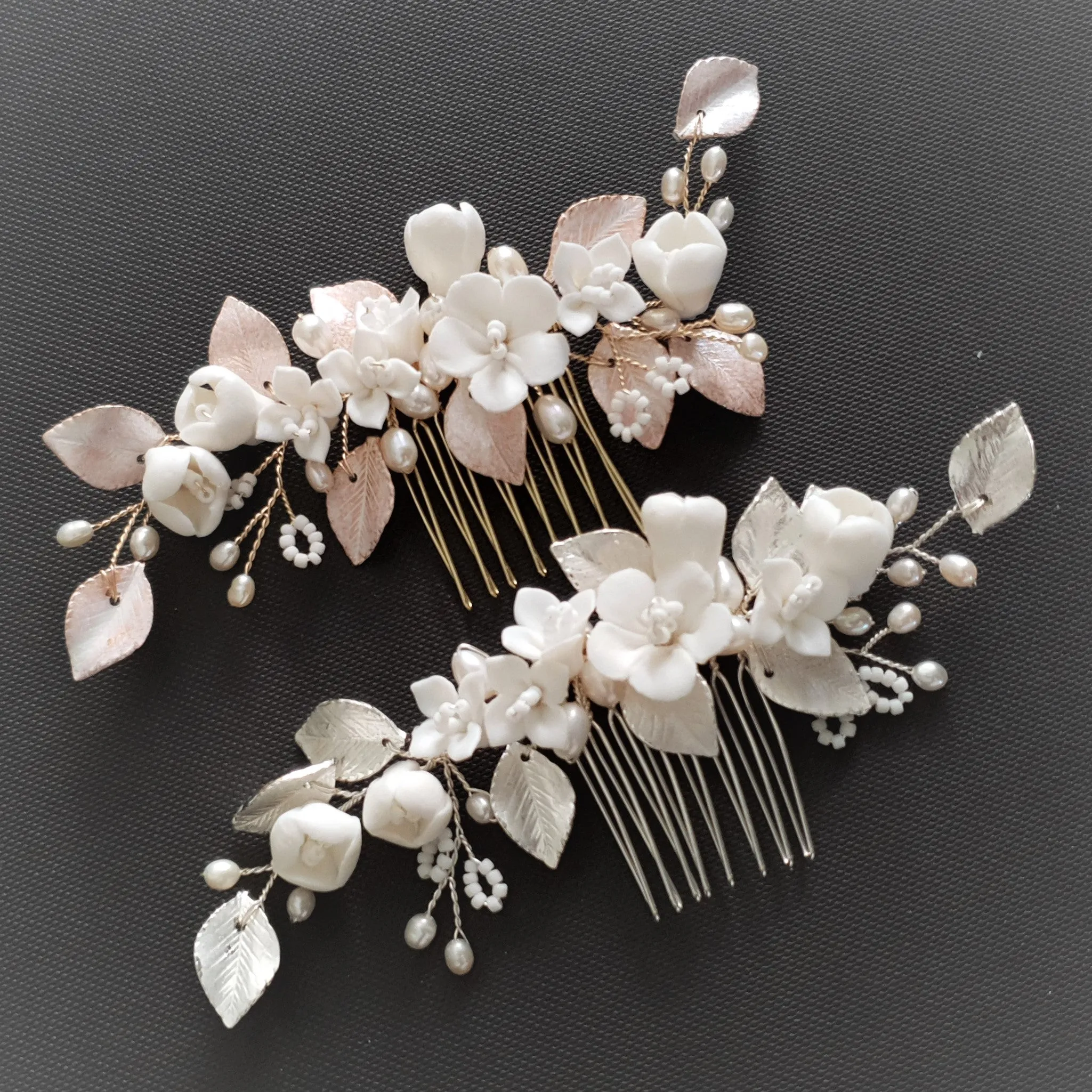 Small Flower and Leaf Hair Comb Silver-Fairy