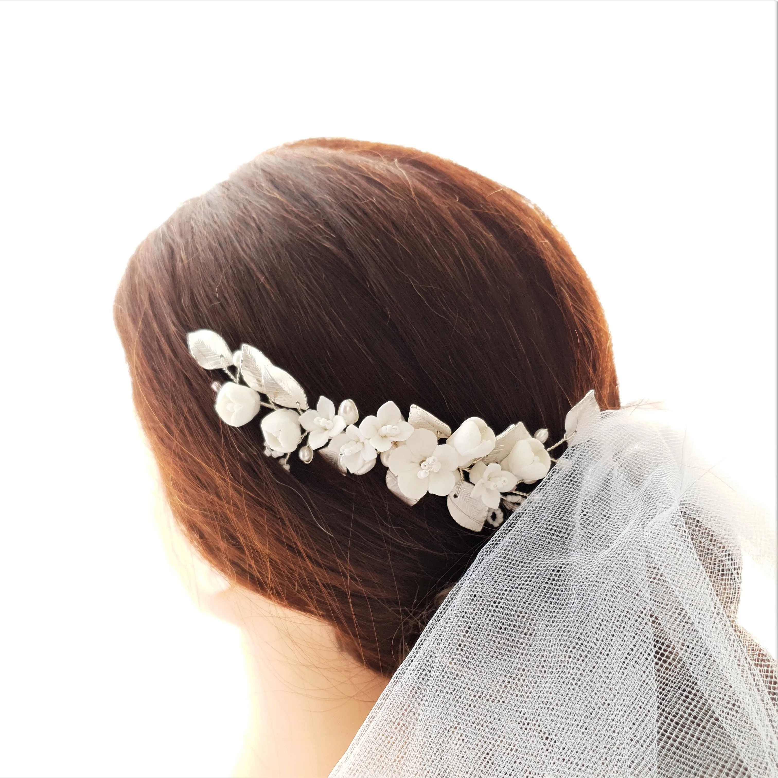 Small Flower and Leaf Hair Comb Silver-Fairy