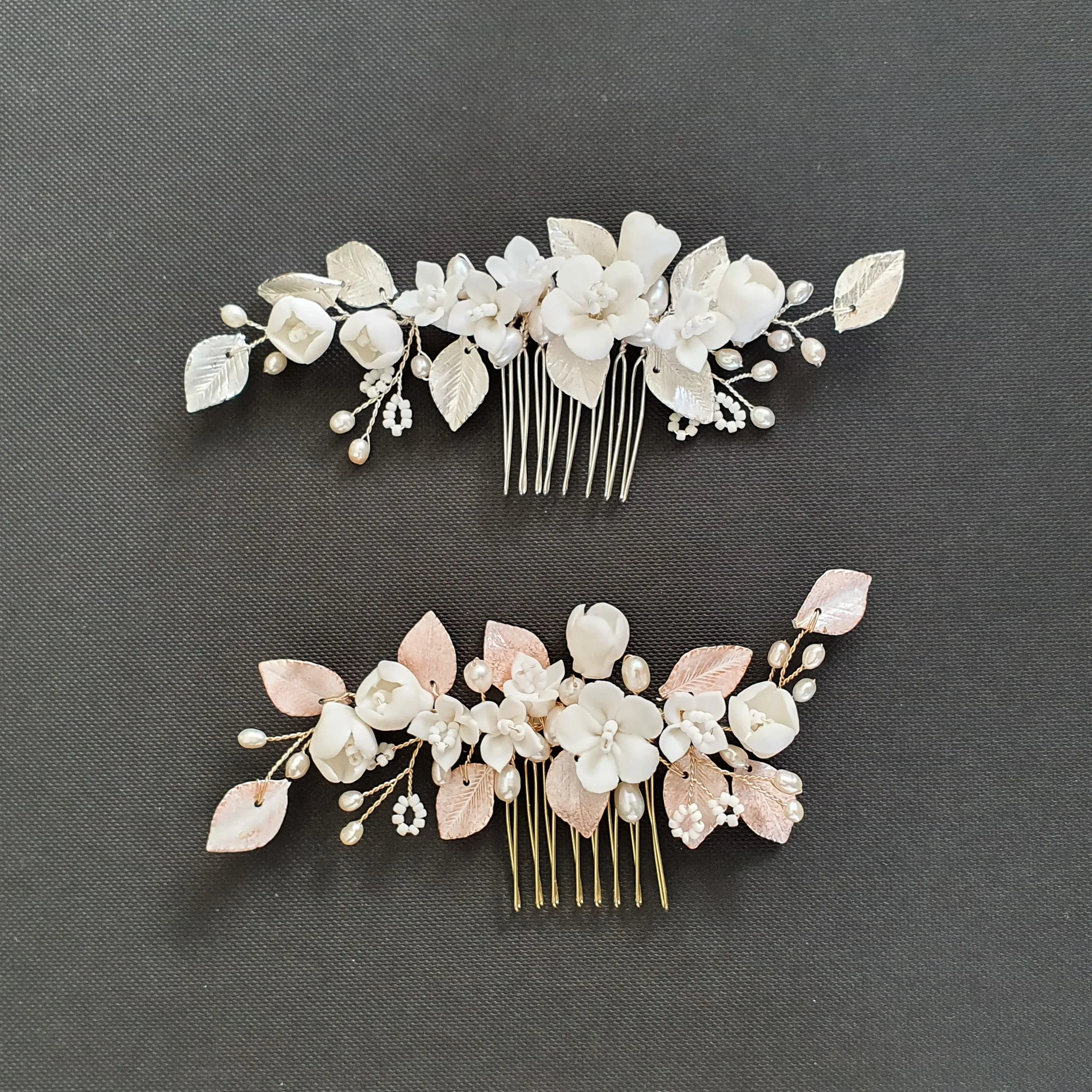 Small Flower and Leaf Hair Comb Silver-Fairy