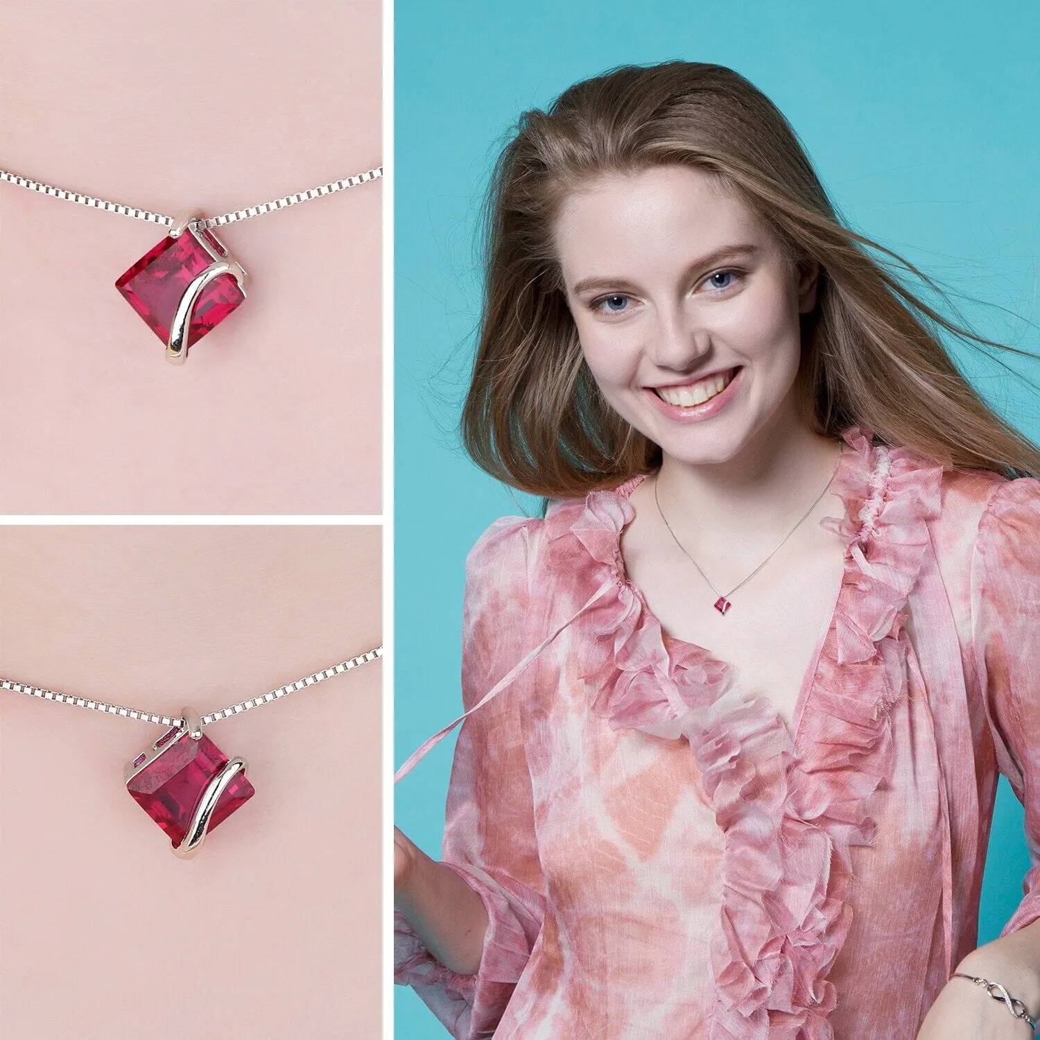 Square Red Ruby 925 Sterling Silver Choker Pendant (Without Chain)