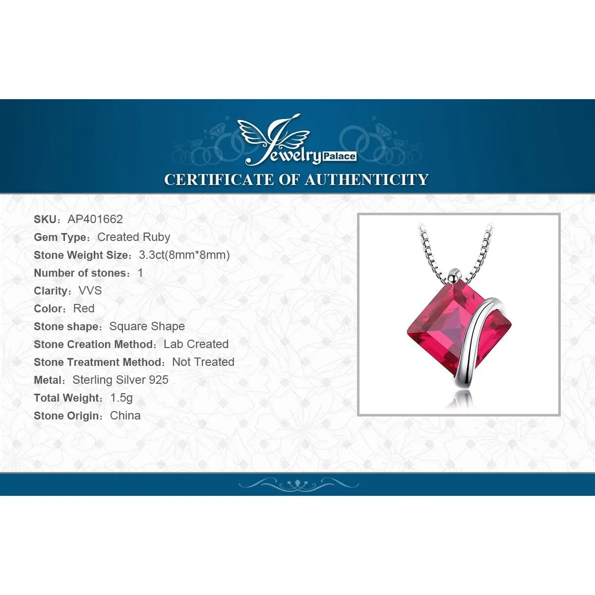 Square Red Ruby 925 Sterling Silver Choker Pendant (Without Chain)