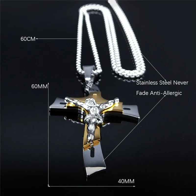 Stainless Steel Two-Tone  Cross Jesus Pendant Necklace