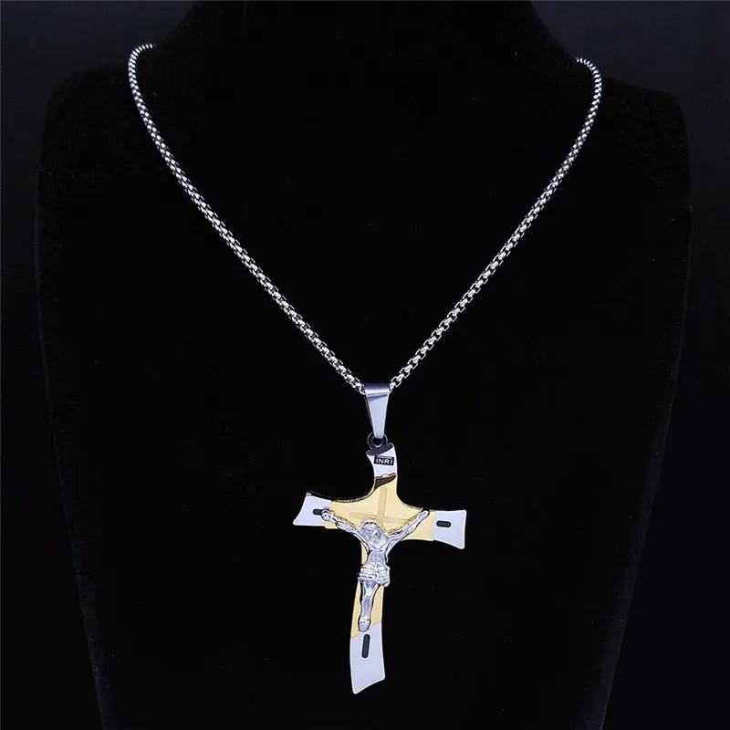 Stainless Steel Two-Tone  Cross Jesus Pendant Necklace