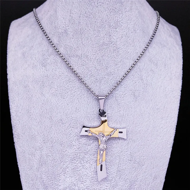 Stainless Steel Two-Tone  Cross Jesus Pendant Necklace