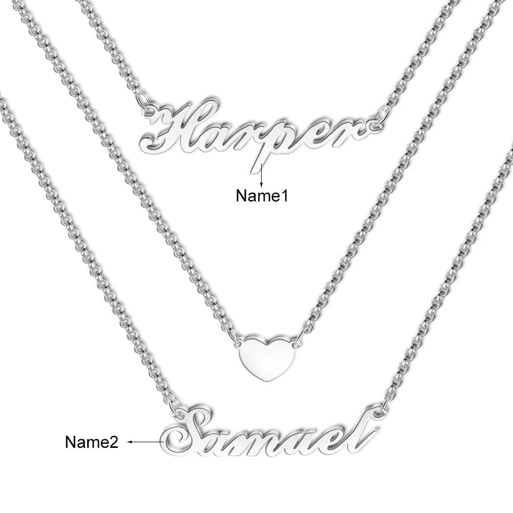 Sterling Silver 3 Layered Custom Name Necklace Personalized Nameplate with Heart Wedding Engagement Fine Jewelry