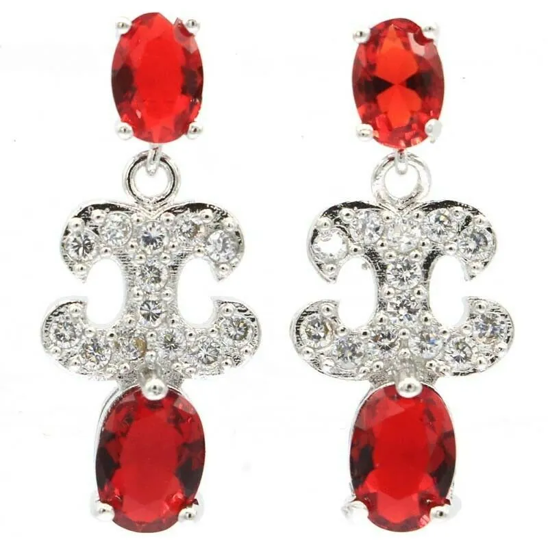 Sterling Silver Created Red Ruby CZ Drop Earrings