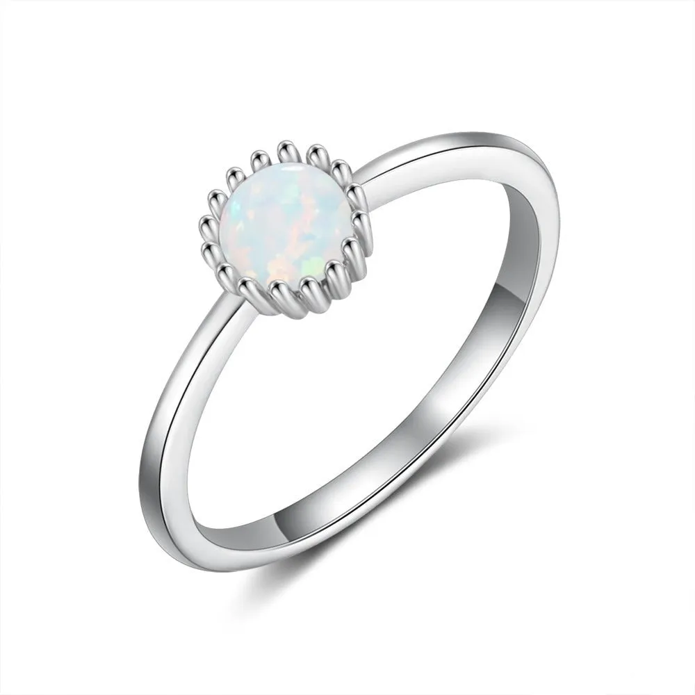 Sterling Silver Flower Rings With Round Opal Stone