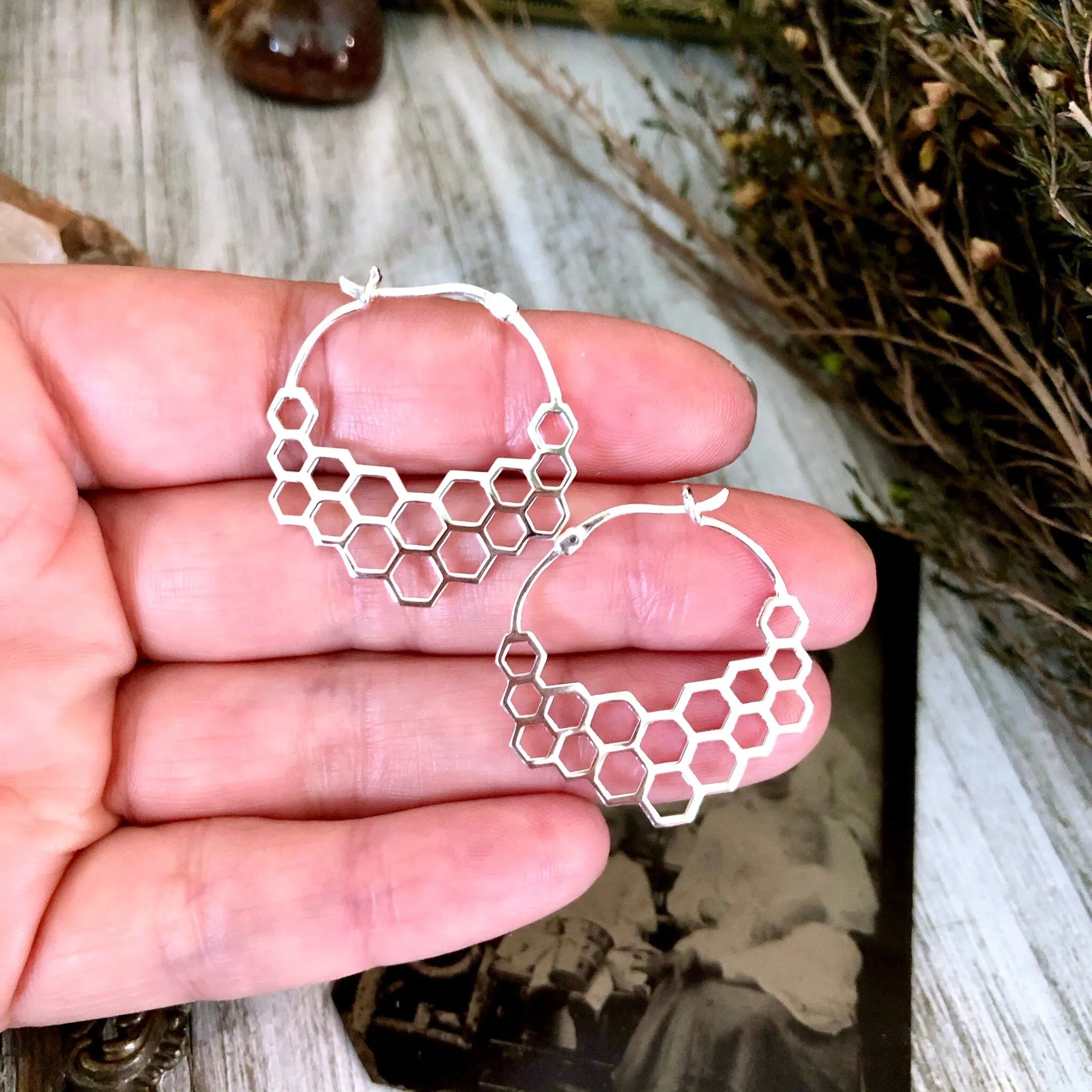 Sterling Silver Honeycomb Hoop Earrings 29x30mm Hexagon Geometric Hoop Earrings