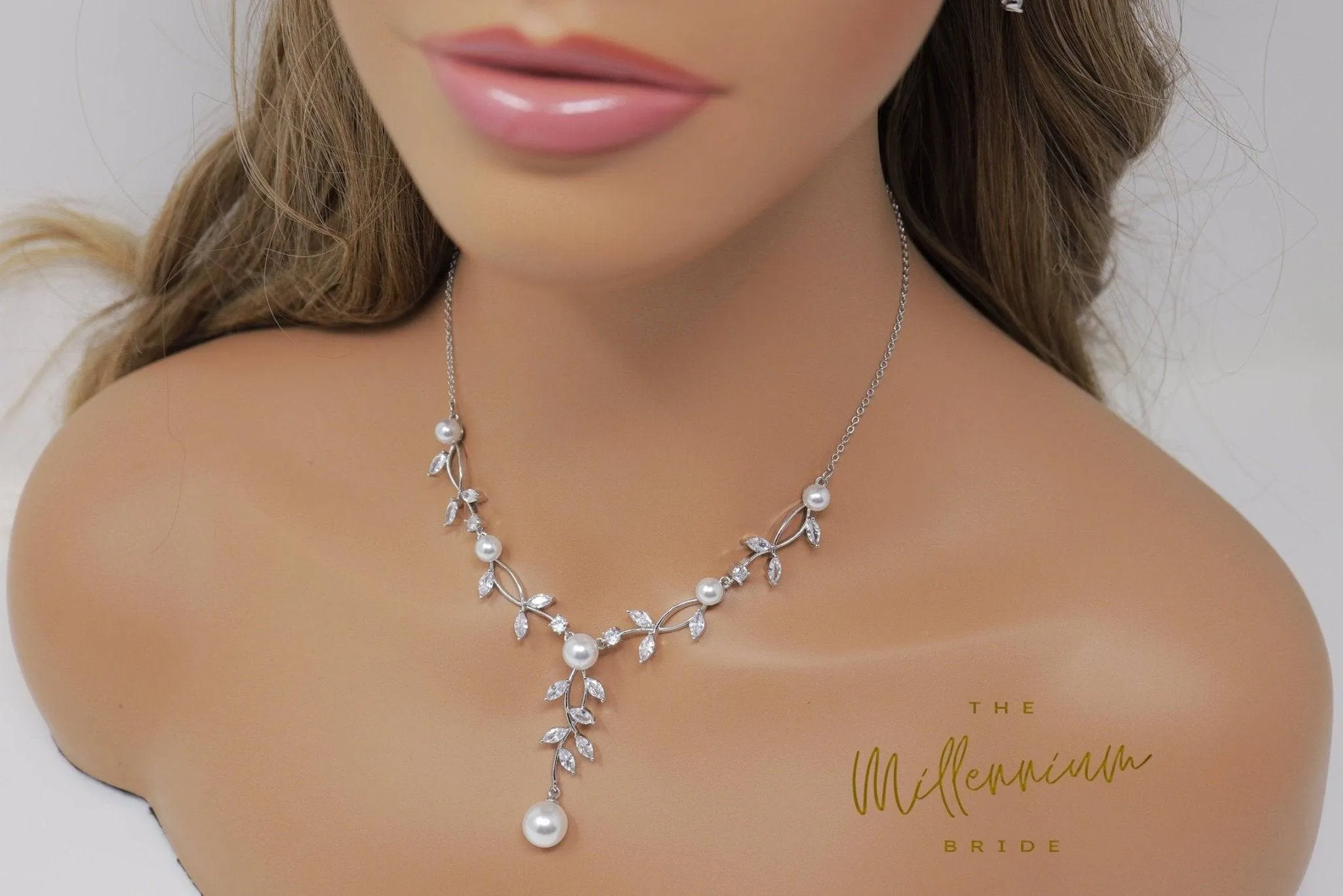 Swarovski Crystal Large Pearl Vine Leaves Necklace, Long Bridal Jewelry, Bridal Earrings And Necklace, Statement Earrings Cz Necklace Set.