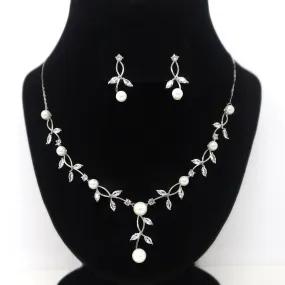 Swarovski Crystal Large Pearl Vine Leaves Necklace, Long Bridal Jewelry, Bridal Earrings And Necklace, Statement Earrings Cz Necklace Set.