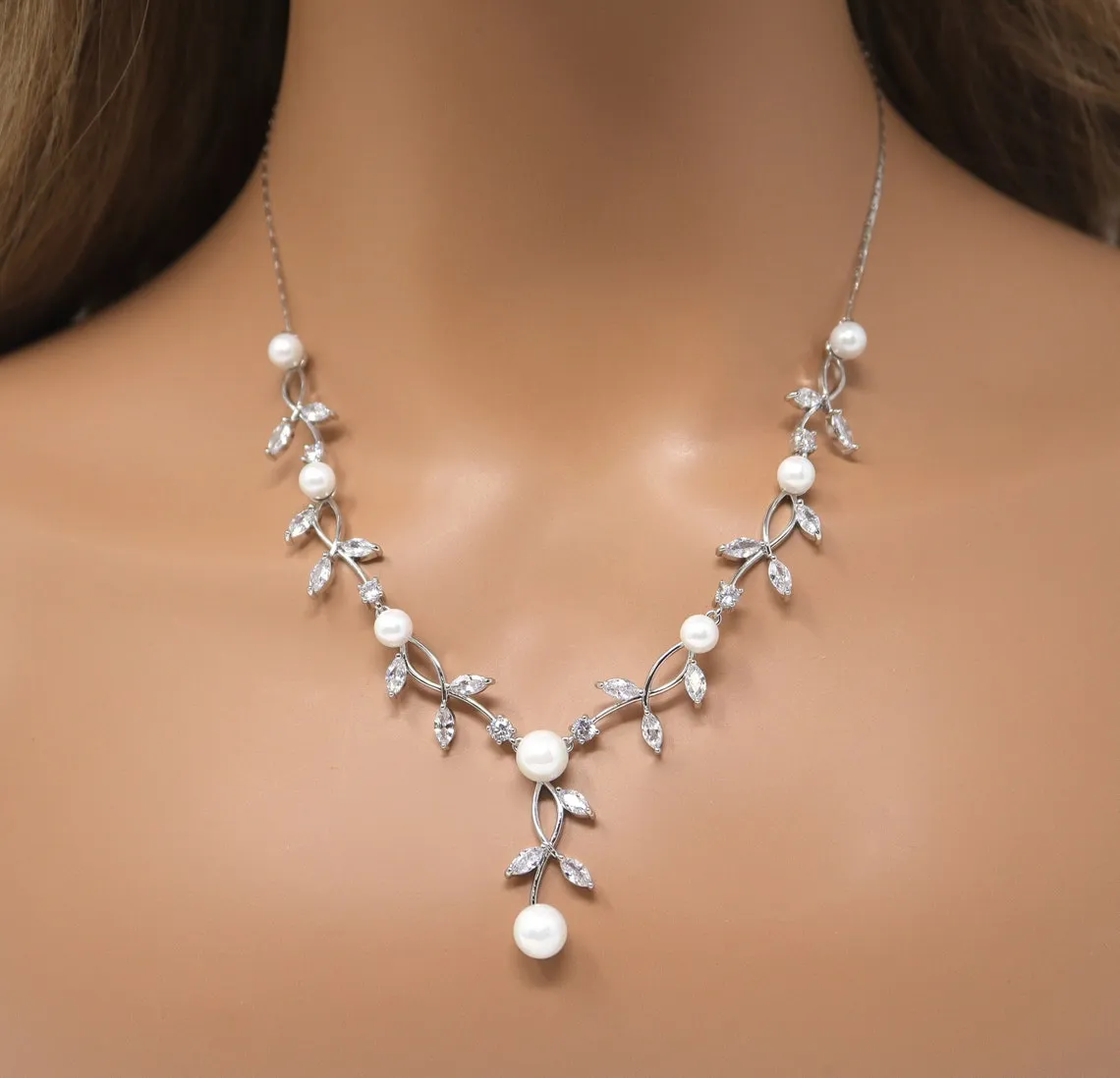 Swarovski Crystal Large Pearl Vine Leaves Necklace, Long Bridal Jewelry, Bridal Earrings And Necklace, Statement Earrings Cz Necklace Set.