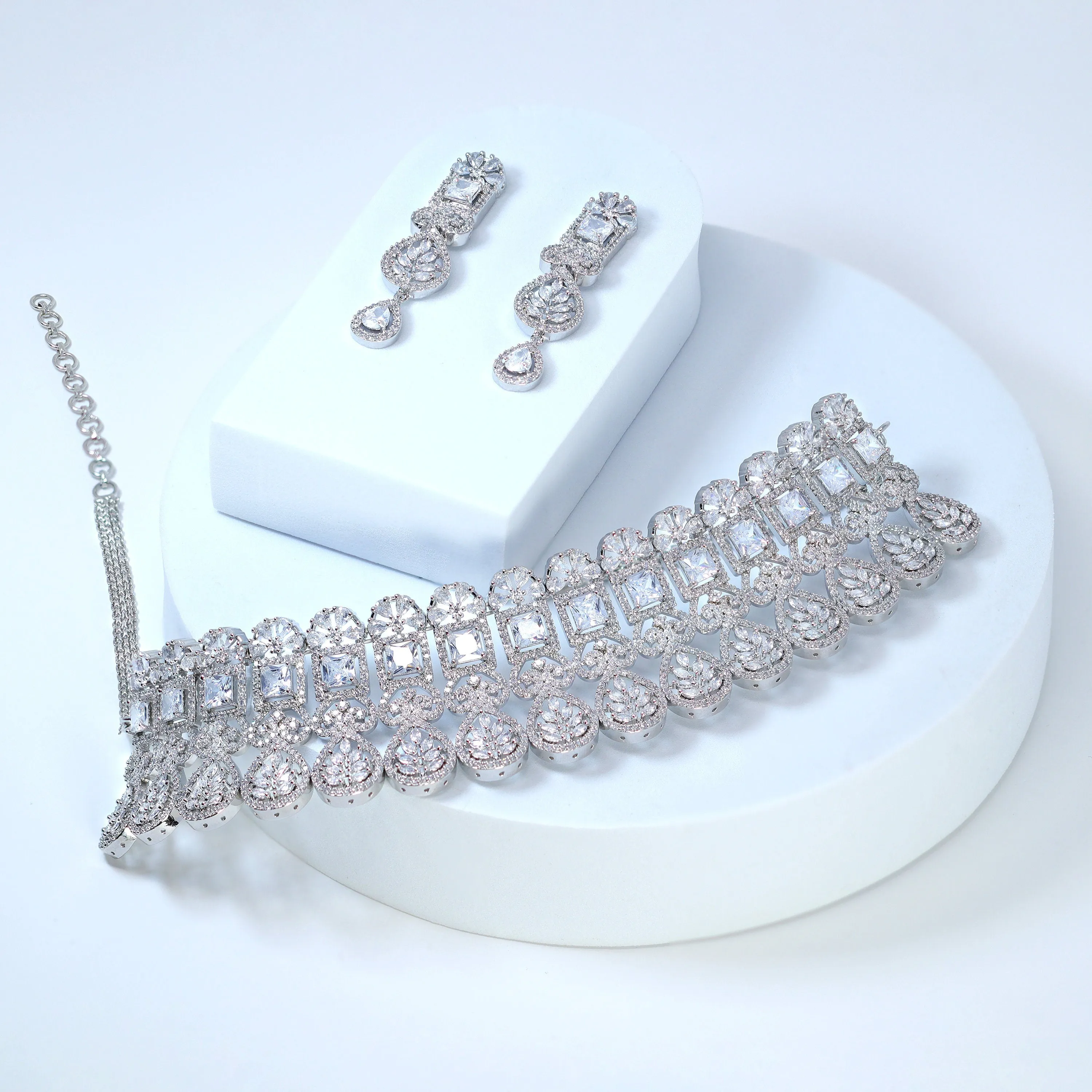 Swarovski Crystal Silver Floral Drop Elegance Choker Necklace set, Gift for her, Bride Necklace, Wedding Necklace Set Cz.