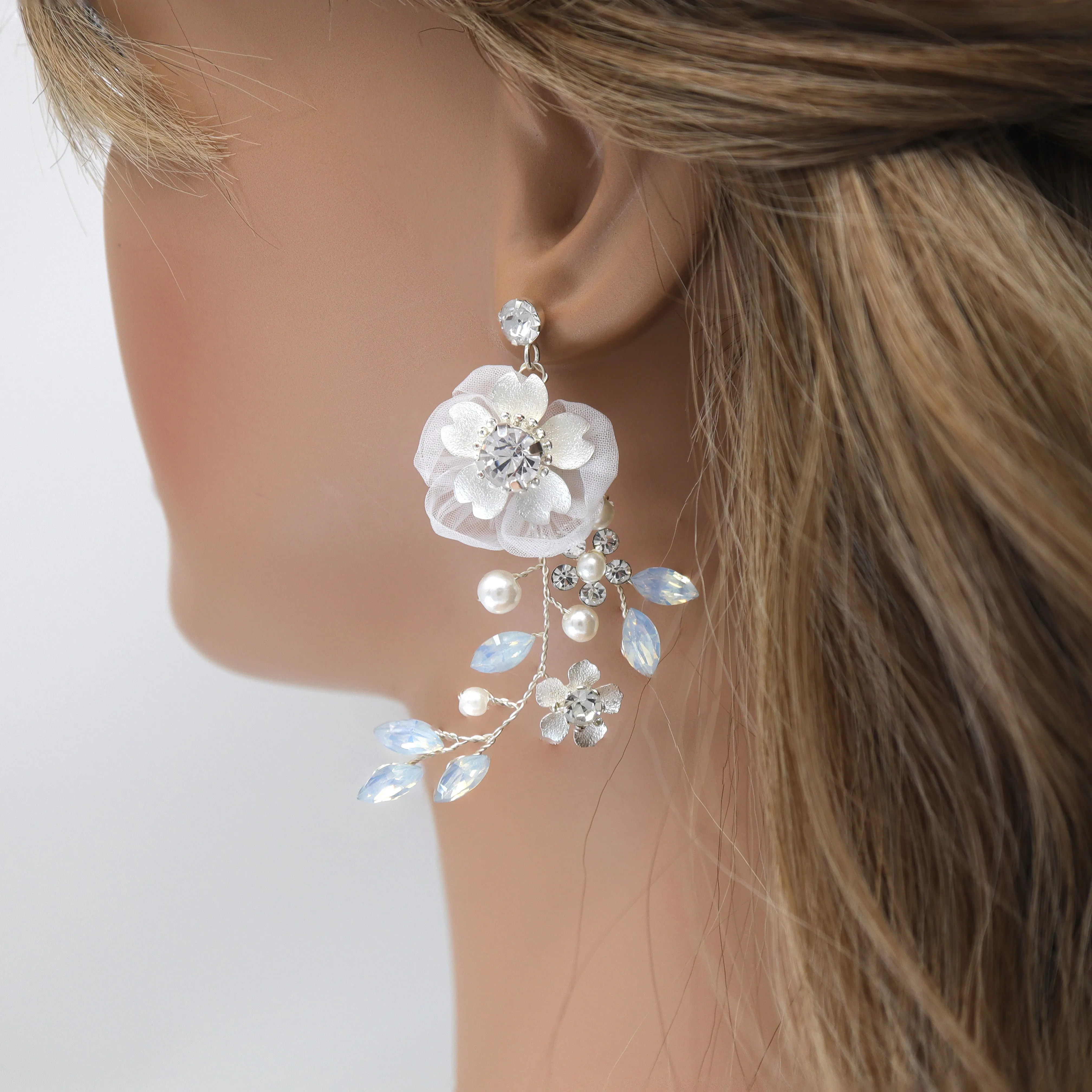 Swarovski opal Flower Petals Crystal, Rhinestone Earrings, Long Bridal Jewelry Bridal Earrings Crystal Bridal Earrings Statement Earrings Cz