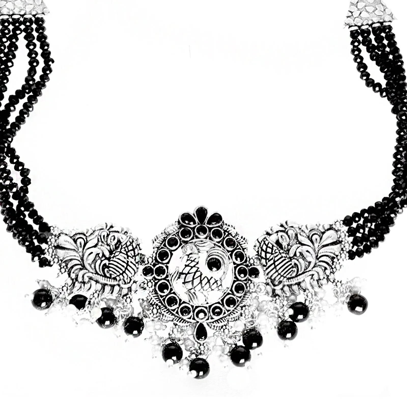 Teejh Darshika Silver Oxidised Pearl and Black Stones Choker Necklace Set