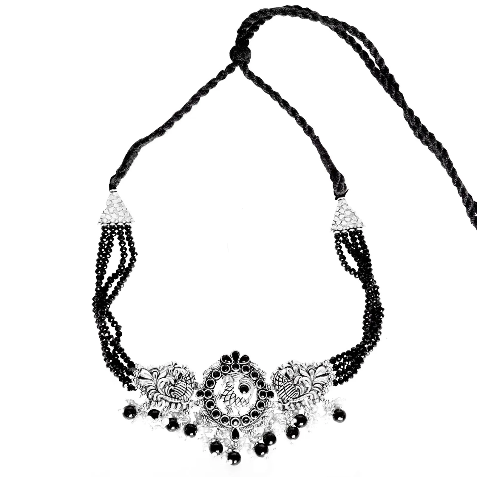 Teejh Darshika Silver Oxidised Pearl and Black Stones Choker Necklace Set