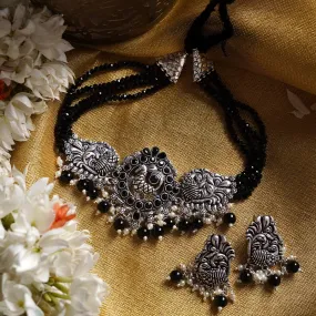 Teejh Darshika Silver Oxidised Pearl and Black Stones Choker Necklace Set