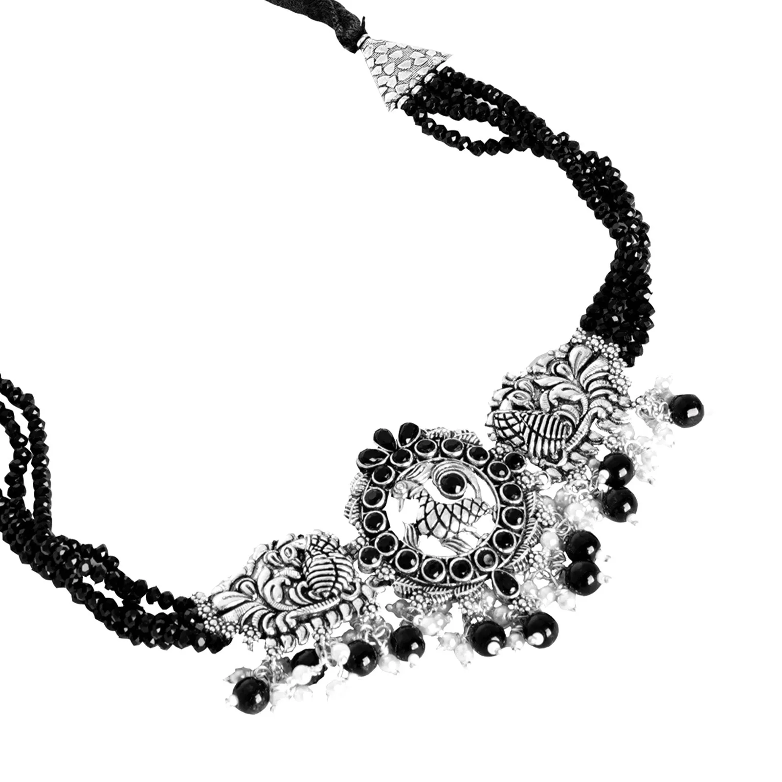 Teejh Darshika Silver Oxidised Pearl and Black Stones Choker Necklace Set