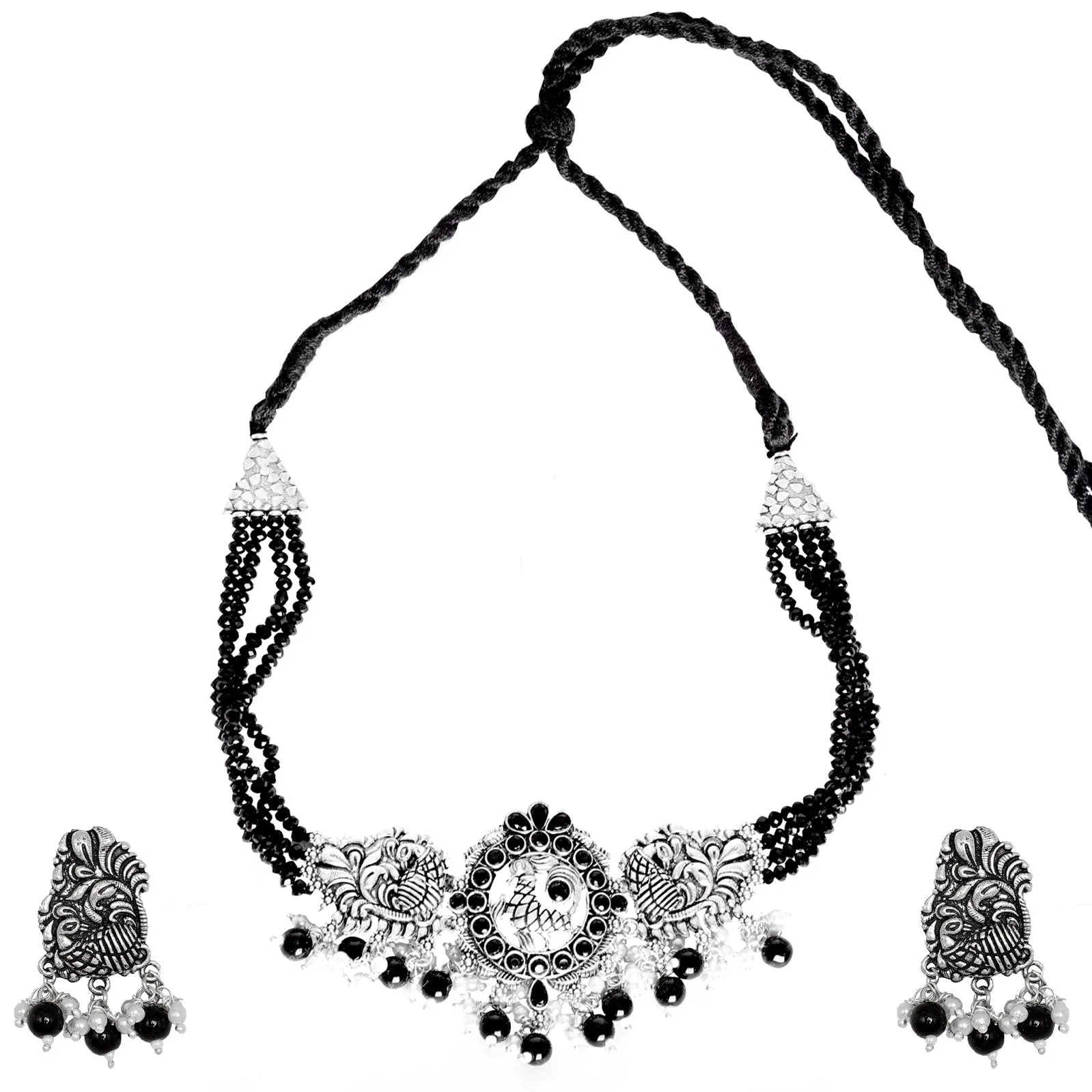 Teejh Darshika Silver Oxidised Pearl and Black Stones Choker Necklace Set