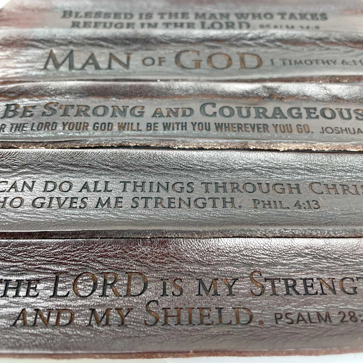 The Lord is My Strength and My Shield Psalm 28:7 Laser-Engraved Brown Leather Scripture Bracelet with Watch Band Clasp