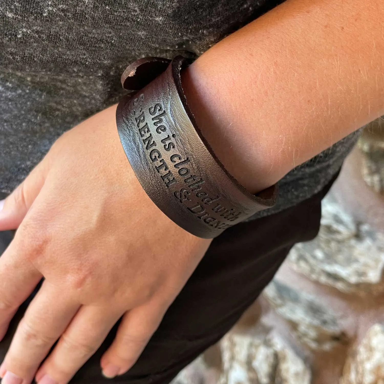 The Lord is My Strength and My Shield Psalm 28:7 Laser-Engraved Brown Leather Scripture Bracelet with Watch Band Clasp