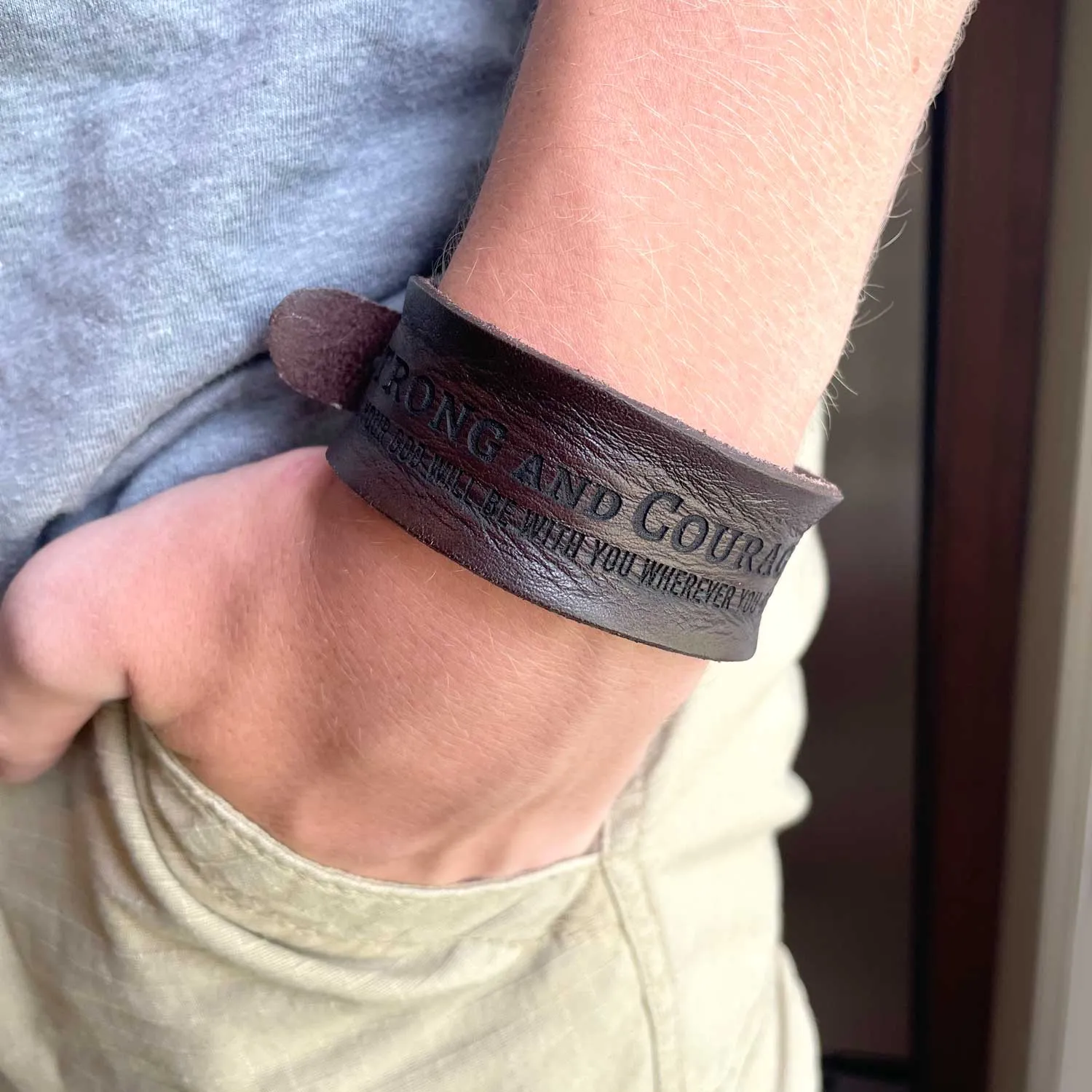 The Lord is My Strength and My Shield Psalm 28:7 Laser-Engraved Brown Leather Scripture Bracelet with Watch Band Clasp