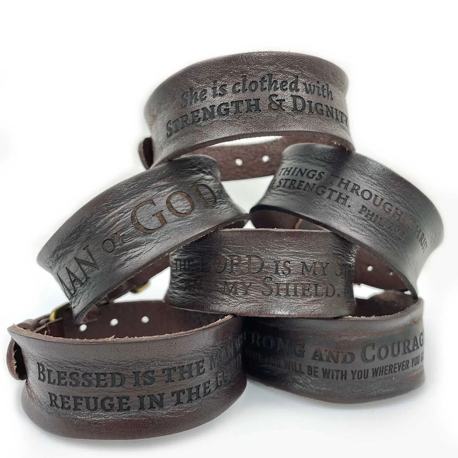 The Lord is My Strength and My Shield Psalm 28:7 Laser-Engraved Brown Leather Scripture Bracelet with Watch Band Clasp