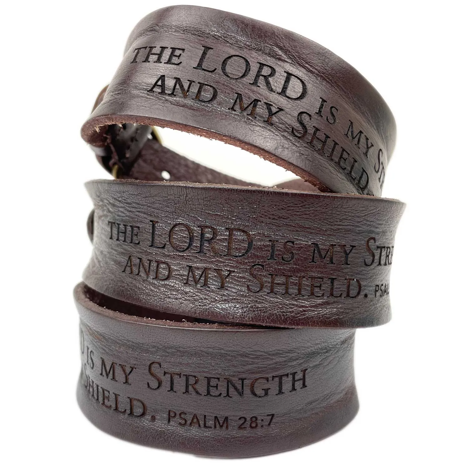 The Lord is My Strength and My Shield Psalm 28:7 Laser-Engraved Brown Leather Scripture Bracelet with Watch Band Clasp