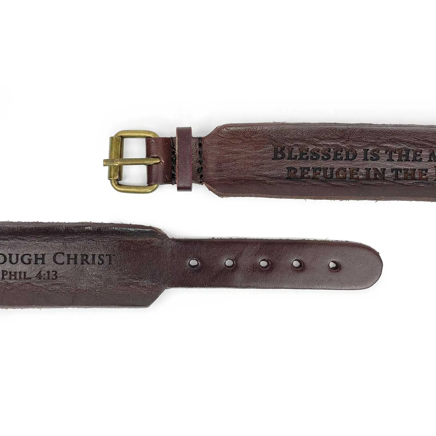 The Lord is My Strength and My Shield Psalm 28:7 Laser-Engraved Brown Leather Scripture Bracelet with Watch Band Clasp