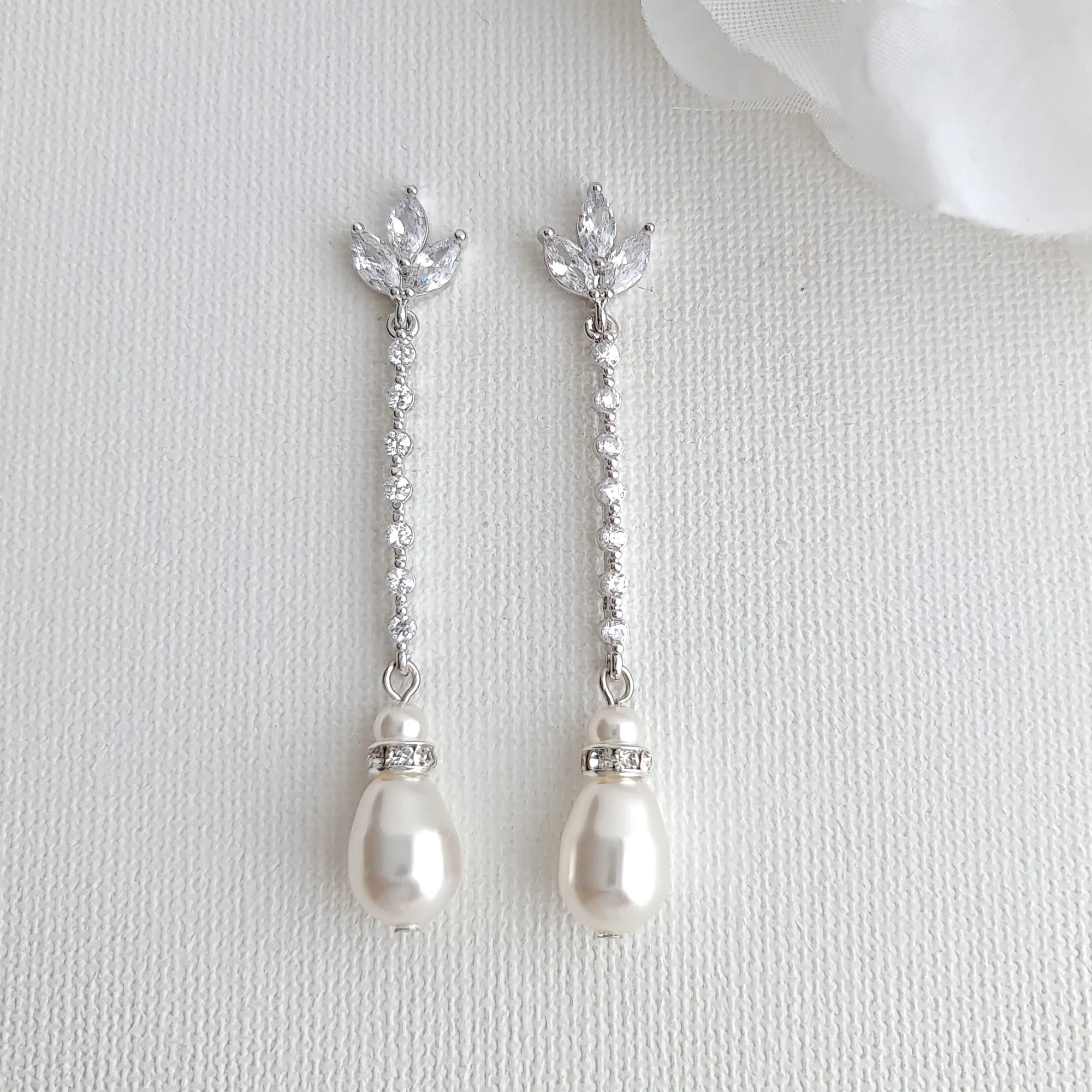 Thin Dangle Drop Pearl Earrings in Silver-Jodi