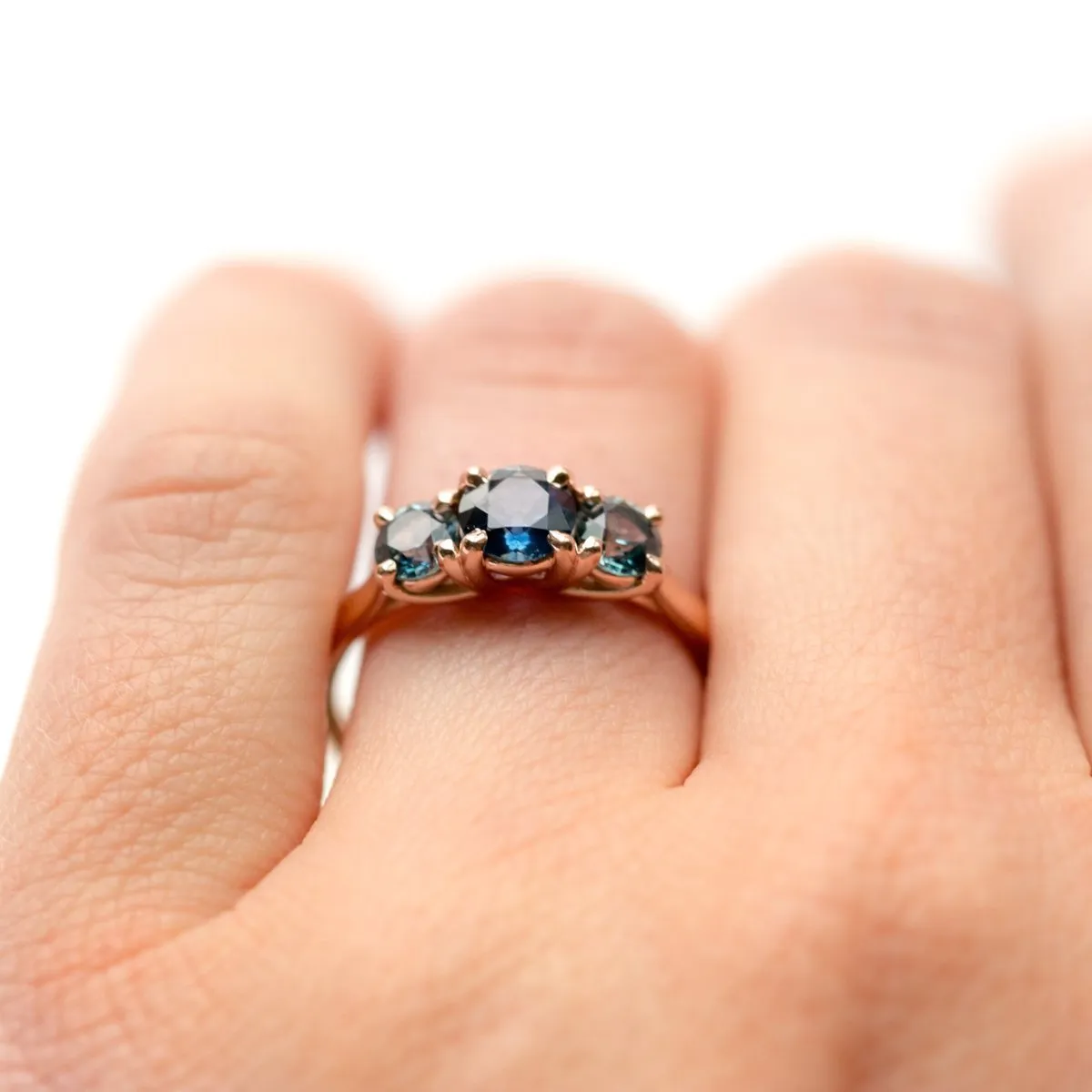 Three-Stone Montana Sapphire Ring in Rose Gold - Traditional Prong Set Sapphire Engagement Ring by Anueva Jewelry