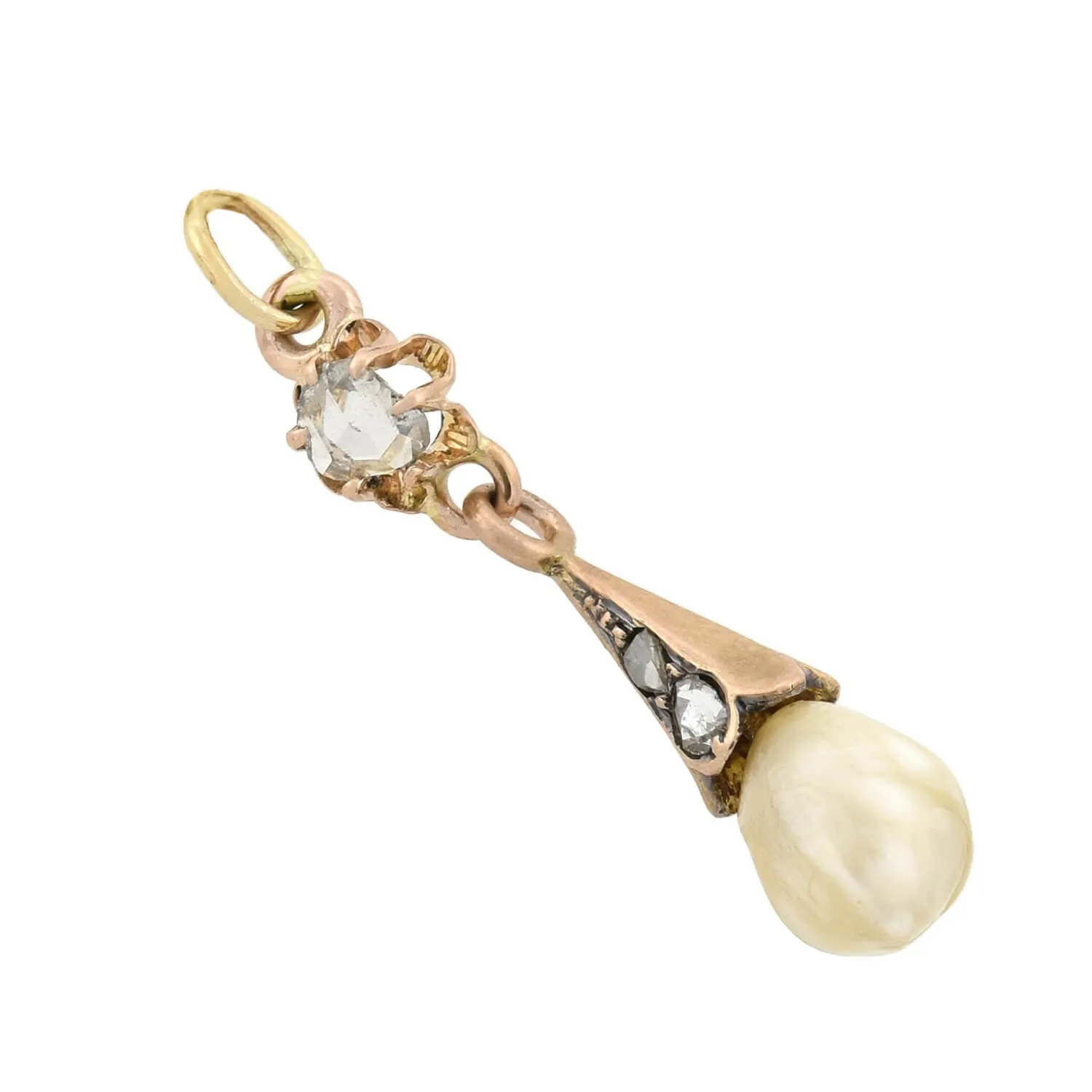 Victorian 14kt Rose Cut Diamond   Natural Pearl Pendant