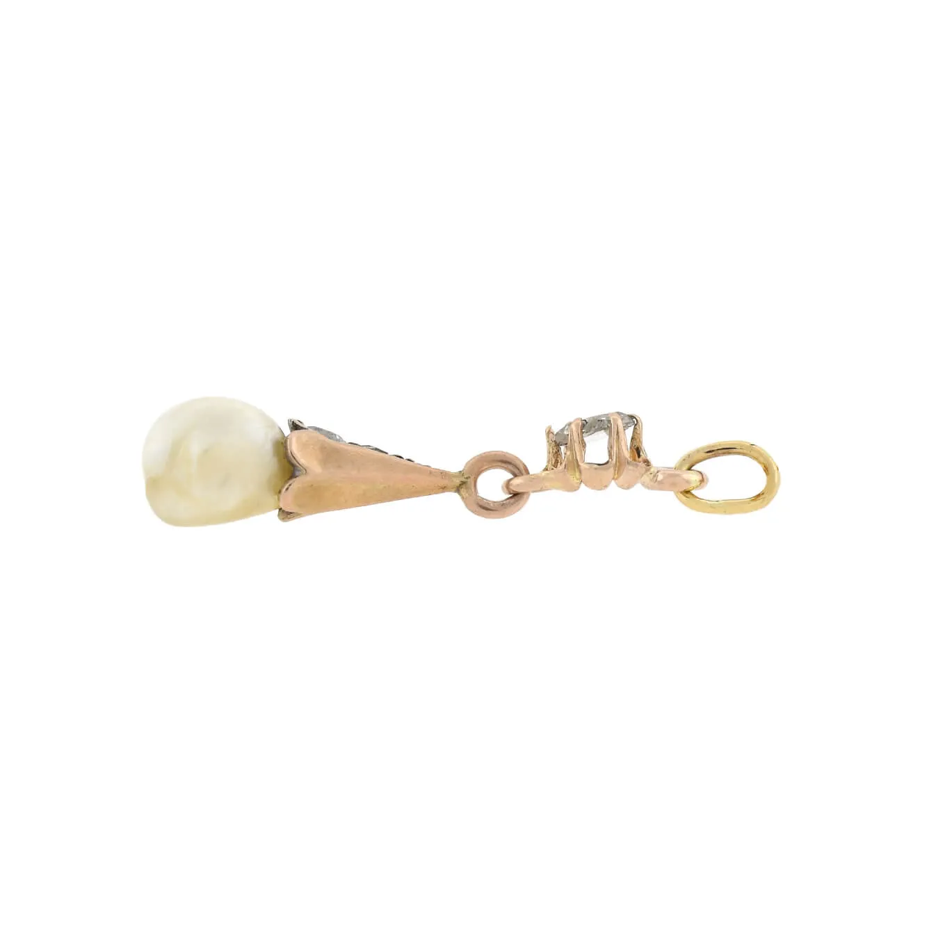 Victorian 14kt Rose Cut Diamond   Natural Pearl Pendant