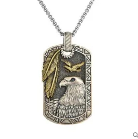 Vintage Stainless Steel Eagle Dog Tag Pendant Necklace