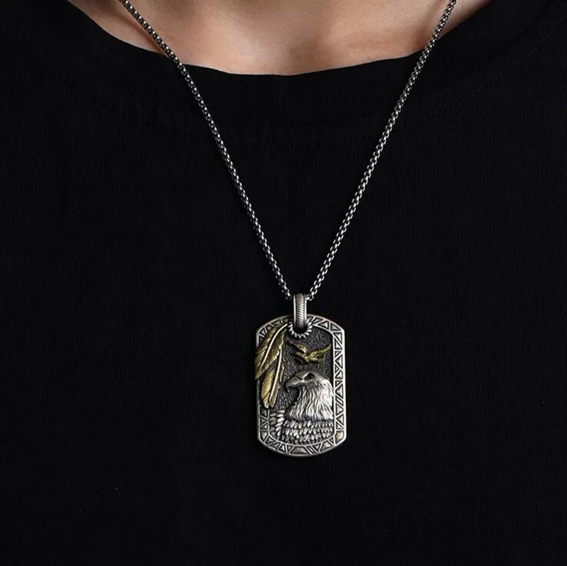 Vintage Stainless Steel Eagle Dog Tag Pendant Necklace