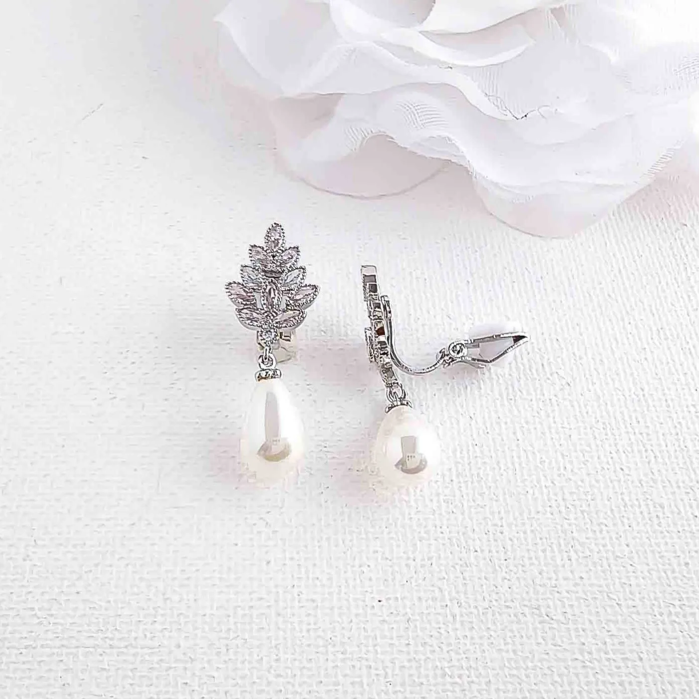 Wedding Clip on Earrings with Teardrop Pearls-Becca