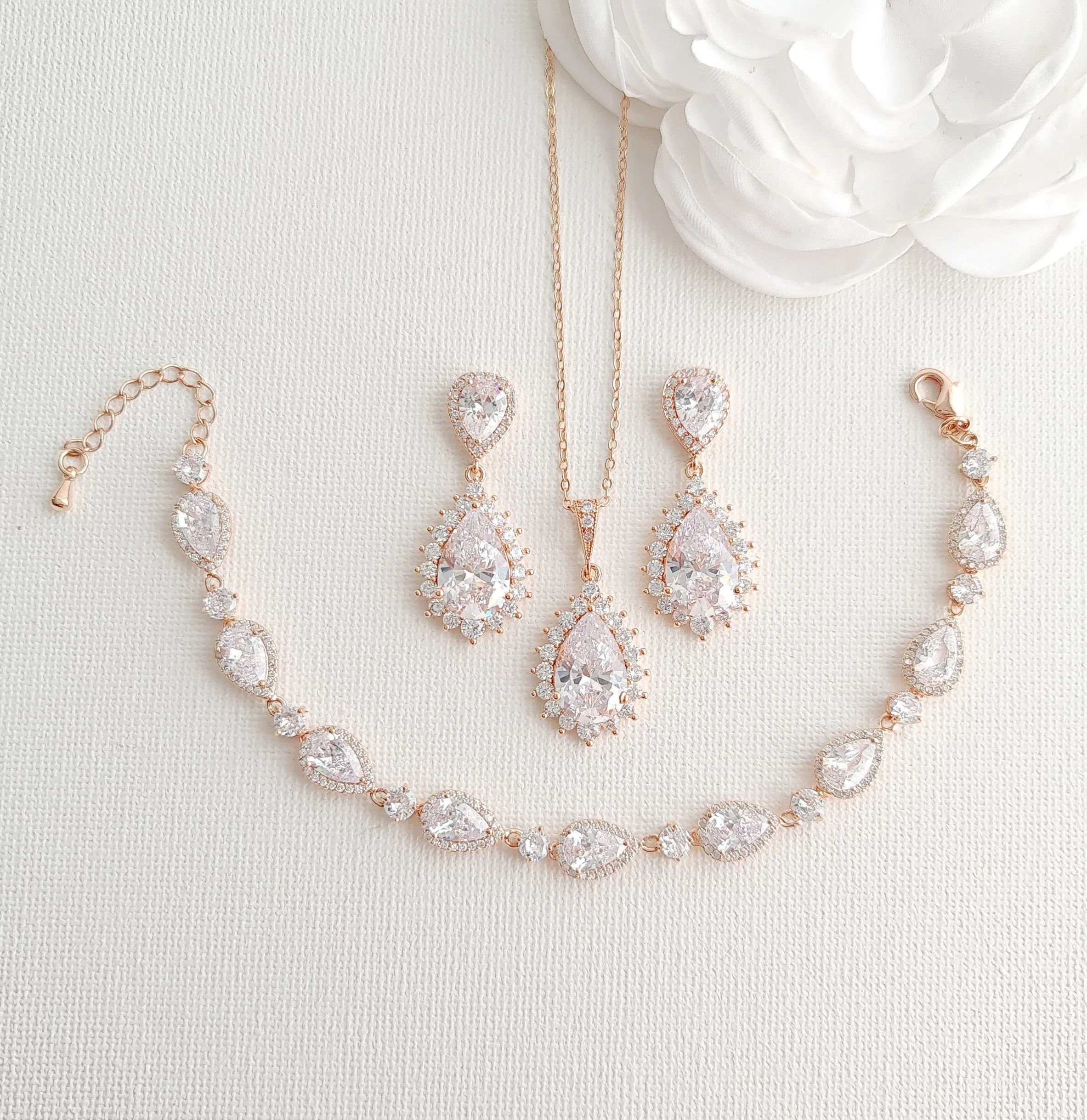 Wedding Jewelry Set in Rose Gold and Crystals-Raya